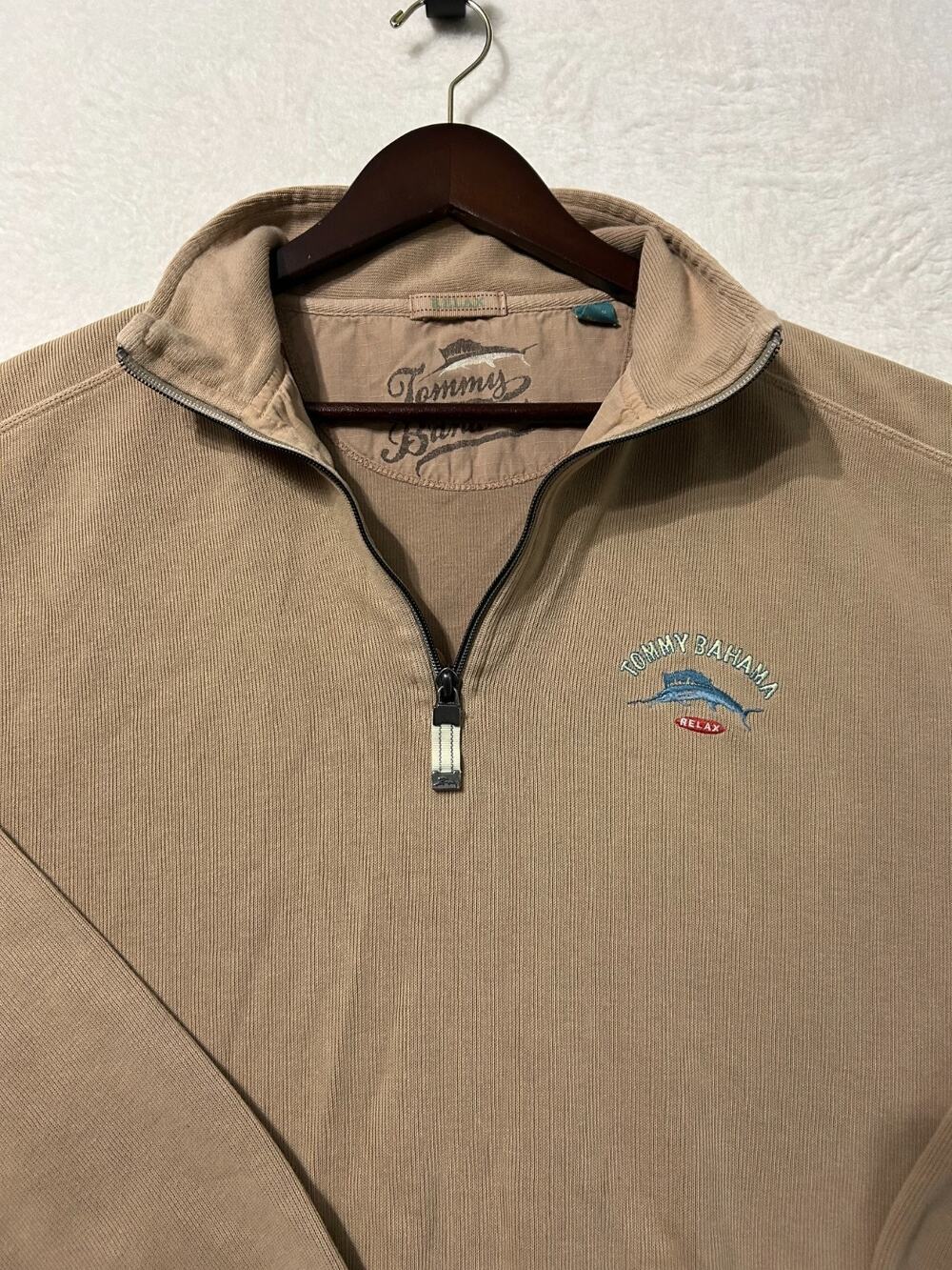 Tommy Bahama Relax Mens Large Tan Cotton Ribbed 1/4 Zip Pullover Sweater